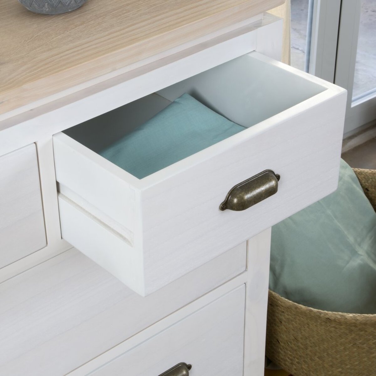 Commode Avelin -bois massif de mindi et placage naturel de mindi-couleur blanc bergen/naturel 115 x 82 x 45 cm