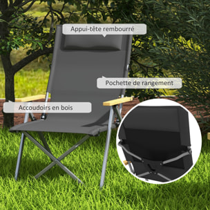 Chaise de camping pliable portable inclinable pochette rangement tétière alu accoudoirs bois gris
