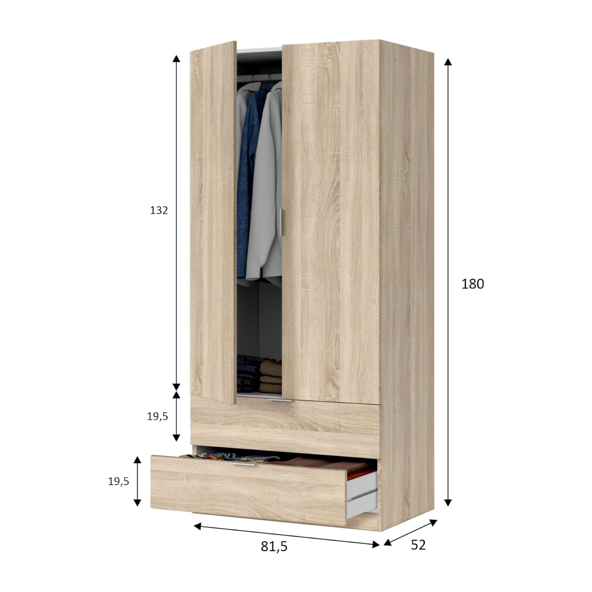 Guardaroba Burbank, Armadio per camera da letto a 2 ante e 2 cassetti, Mobile per camera da letto con barra appendiabiti, cm 81x52h180, Rovere