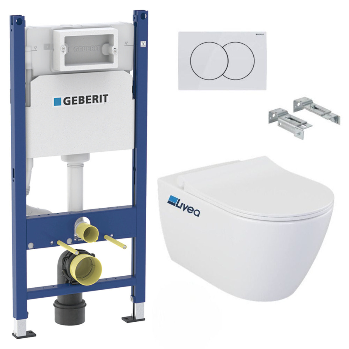Pack WC Bati-support Geberit Duofix + Cuvette suspendue sans bride Livea Bello + Abattant soft close + Plaque Blanche (BelloGeb3