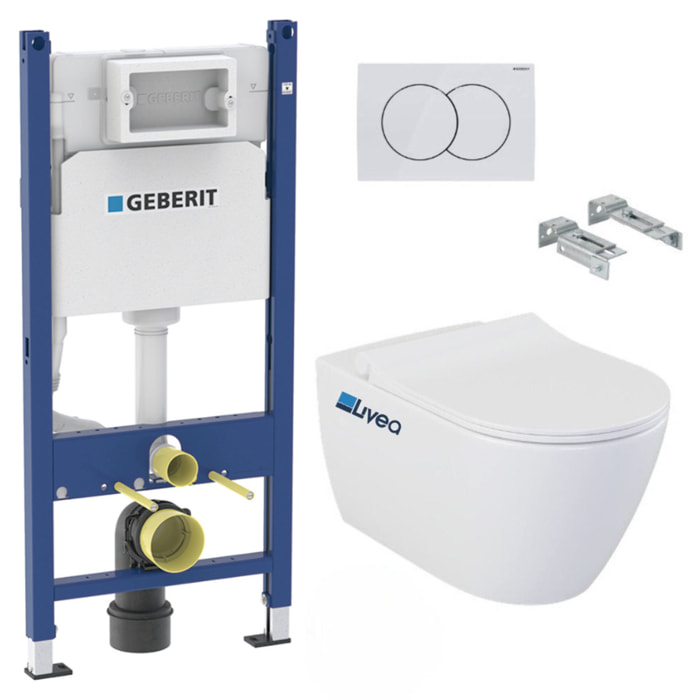 Pack WC Bati-support Geberit Duofix + Cuvette suspendue sans bride Livea Bello + Abattant soft close + Plaque Blanche (BelloGeb3