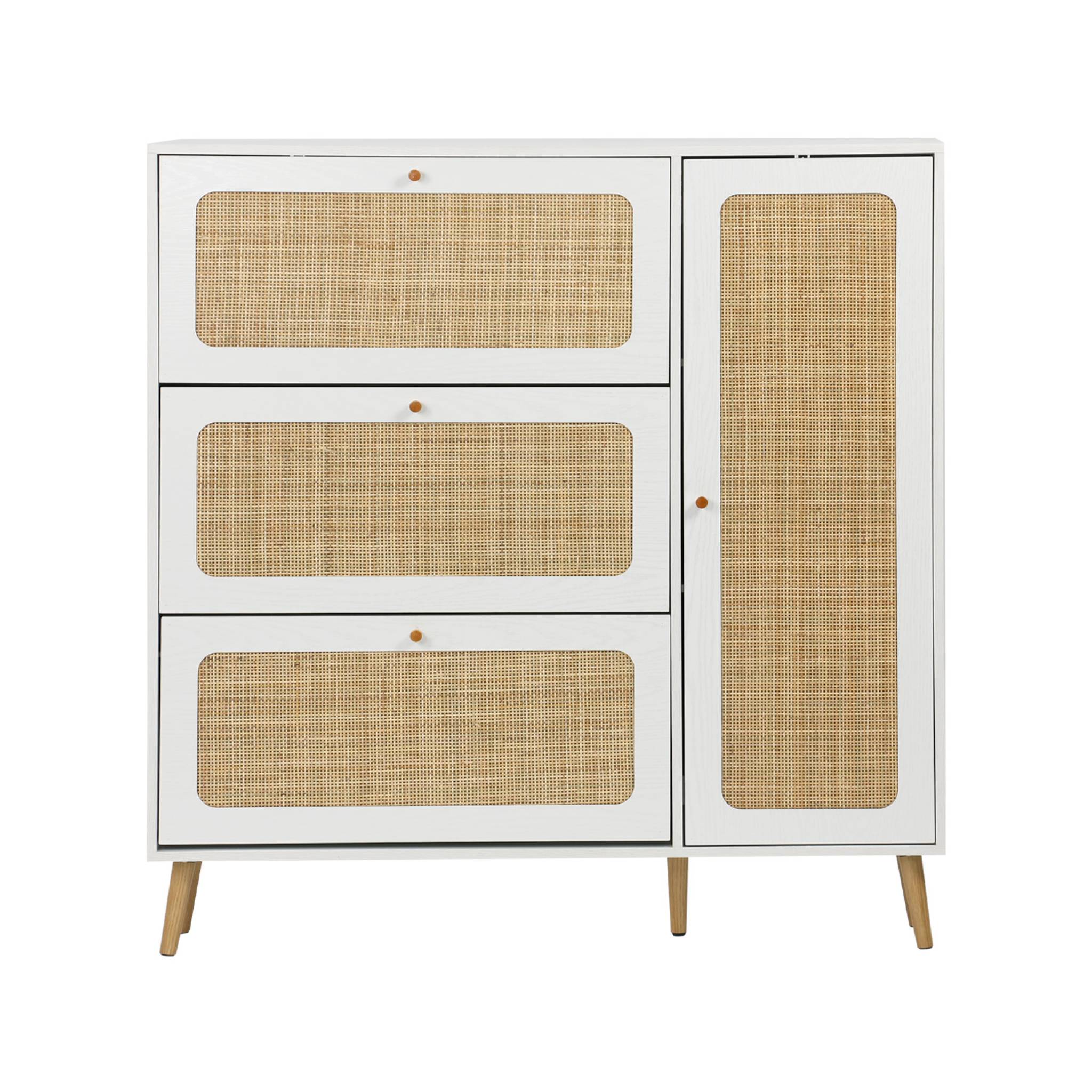 Meuble à chaussure cannage Bohème blanc. 3 tiroirs. 1 porte. 21 paires. 120 x 24 x 125 cm