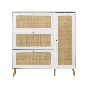 Meuble à chaussure cannage Bohème blanc. 3 tiroirs. 1 porte. 21 paires. 120 x 24 x 125 cm
