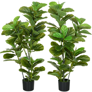 Ficus Lutea artificiels 1,10H m - lot de 2 ficus artificiels - 90 feuilles réalistes par pied - pot inclus noir vert