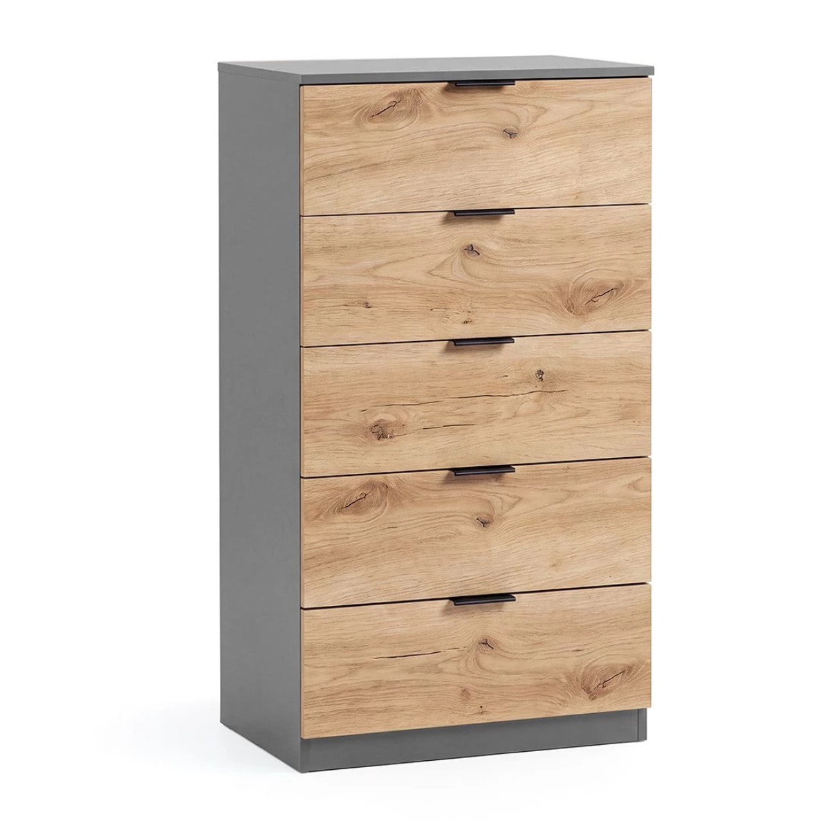 Cómoda alta de 5 cajones en gris grafito y alpine oak 60x110 cm Akari Gris Grafito - Alpine Oak