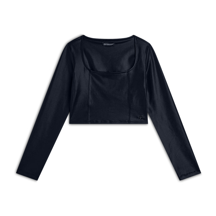 Maglia corta con scollo quadrato in tessuto effetto wet