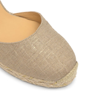 Alpargata Carina cuña de yute en lino metalizado acolchado con cintas