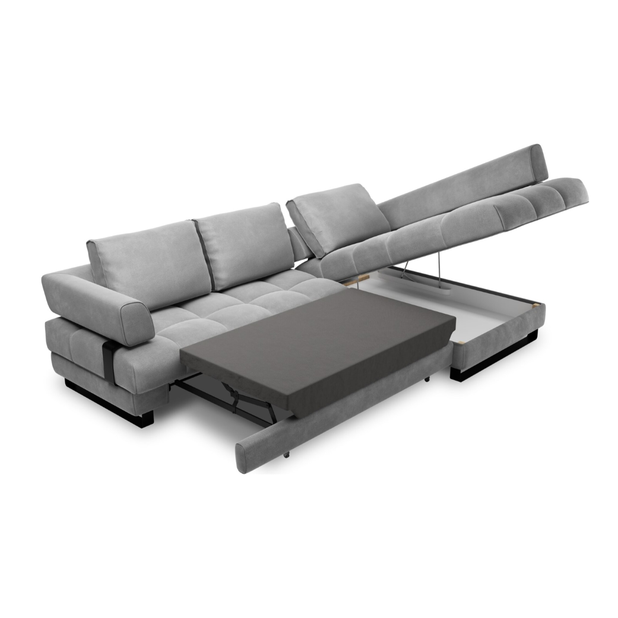 Canapé d'angle droit convertible avec coffre de rangement "Clinton" 5 places en velours gris clair