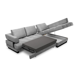 Canapé d'angle droit convertible avec coffre de rangement "Clinton" 5 places en velours gris clair