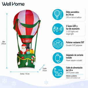 Globo aerostático hinchable navideño con papá noel, 110x110x210 cm, luces led integradas, decoración para exterior e interior con adaptador