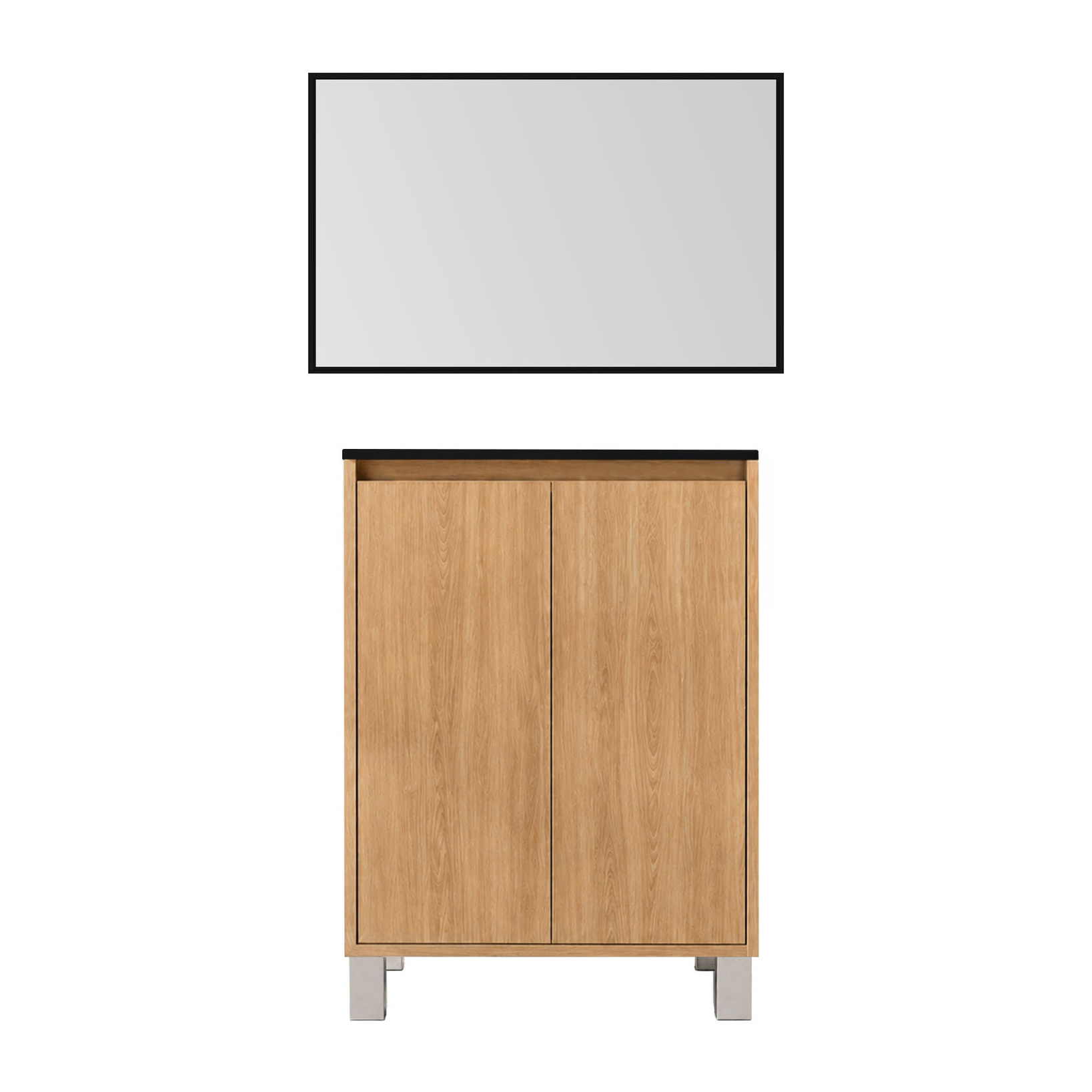 Meuble de Salle de Bains 50cm 2 portes Chêne Clair, Vasque Noire et Miroir Cadre Noir 50x70 - XENOS