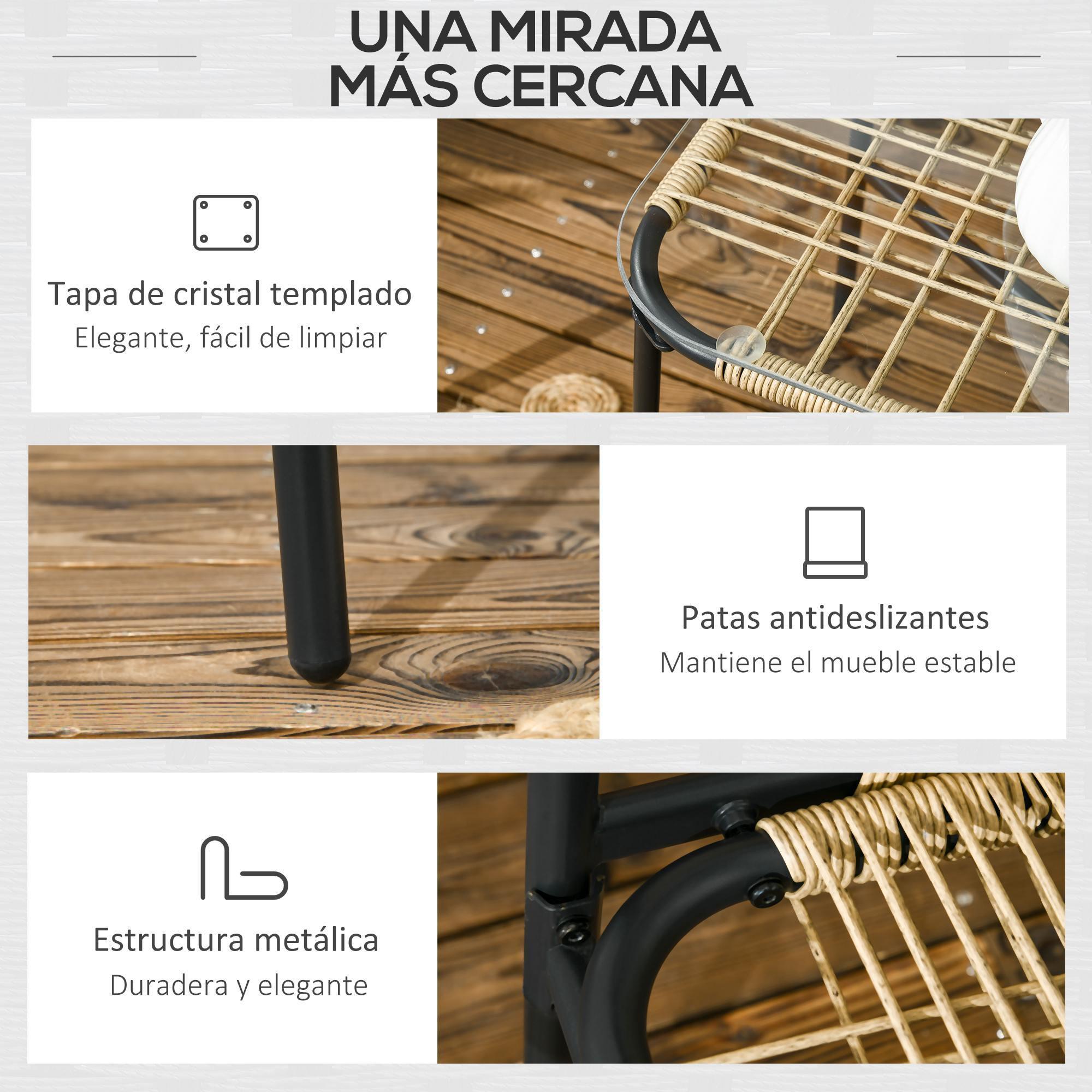 Conjunto de Jardín de Ratán Sintético Juego de 4 Piezas Muebles de Jardín con 2 Sillones 1 Sofá Doble 1 Mesa de Centro con Tablero de Vidrio y Cojines Natural y Negro