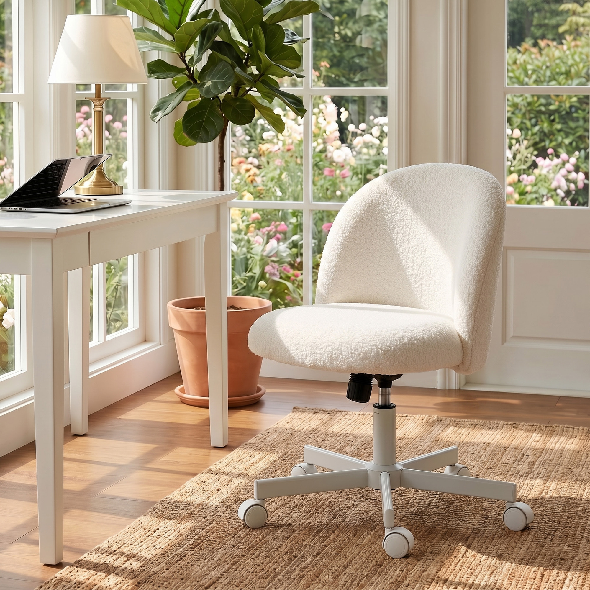 Chaise de bureau design bouclette crème métal blanc