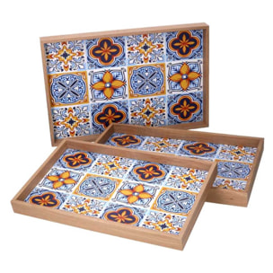 Set di 3 vassoi in legno azzurro bordo naturale cm45x30h4