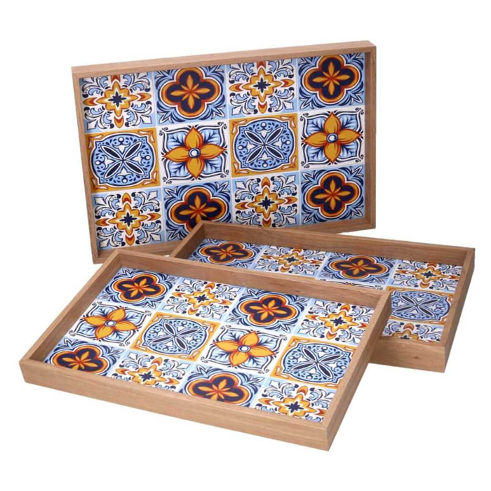 Set di 3 vassoi in legno azzurro bordo naturale cm45x30h4