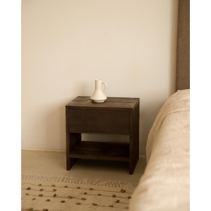 Table de chevet en bois massif avec un tiroir couleur noyer 40x40cm Hauteur: 40 Longueur: 40 Largeur: 29.5