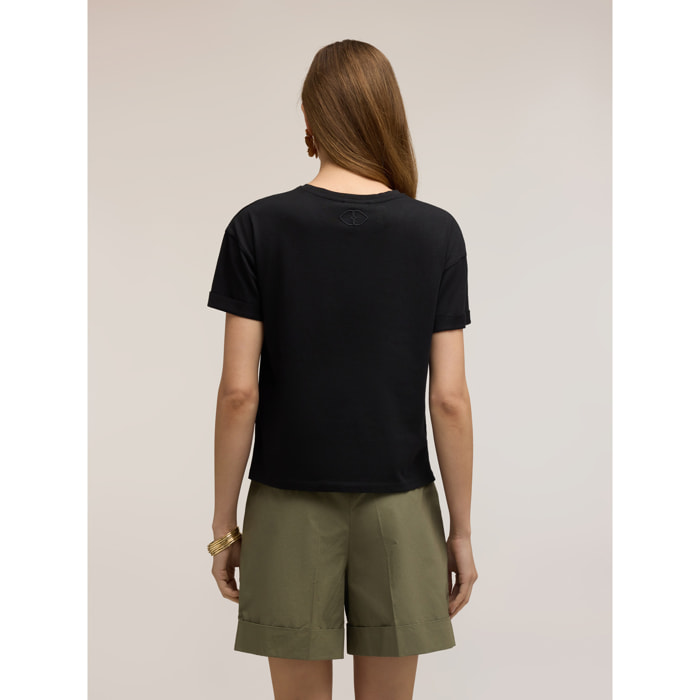 Motivi - T-shirt boxy con logo ricamato - Nero
