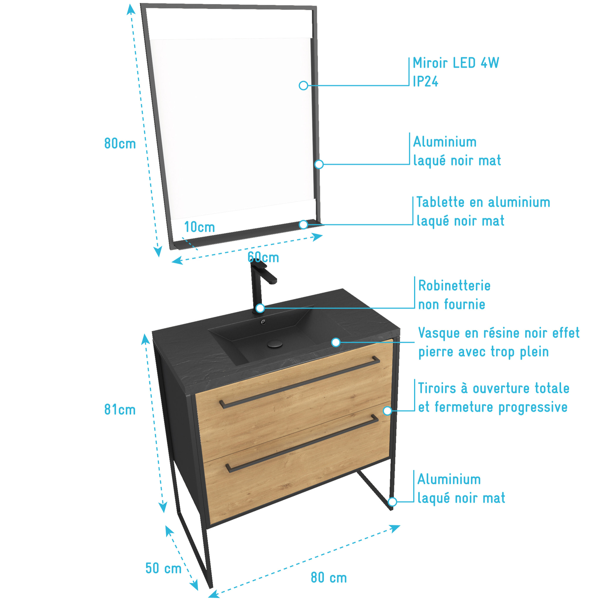 Pack meuble de salle de bain 80x50 cm Noir MAT - 2 tiroirs - vasque noir effet pierre - miroir LED