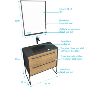 Pack meuble de salle de bain 80x50 cm Noir MAT - 2 tiroirs - vasque noir effet pierre - miroir LED