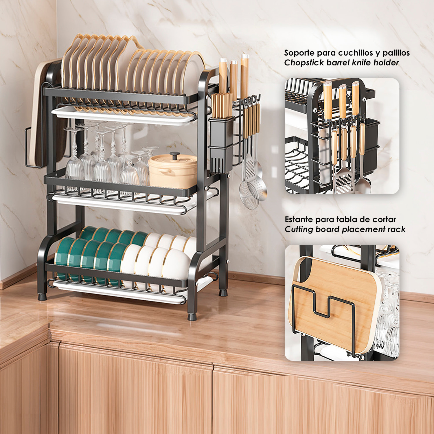 Repisa de cocina metálica para cubiertos. Escurridor de platos. Estante organizador para secar y guardar utensilios de cocina. 3 niveles con bandeja escurridora y accesorios.