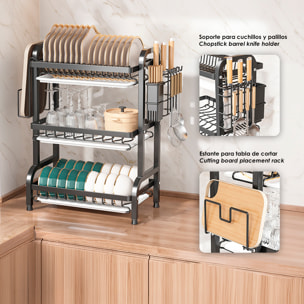 Repisa de cocina metálica para cubiertos. Escurridor de platos. Estante organizador para secar y guardar utensilios de cocina. 3 niveles con bandeja escurridora y accesorios.