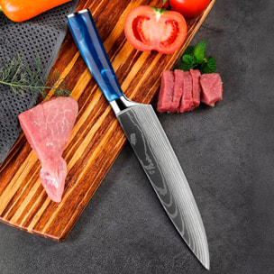Set di coltelli da chef da 10 pezzi in stile Damasco con design elegante e manico ergonomico con estremità in acciaio.