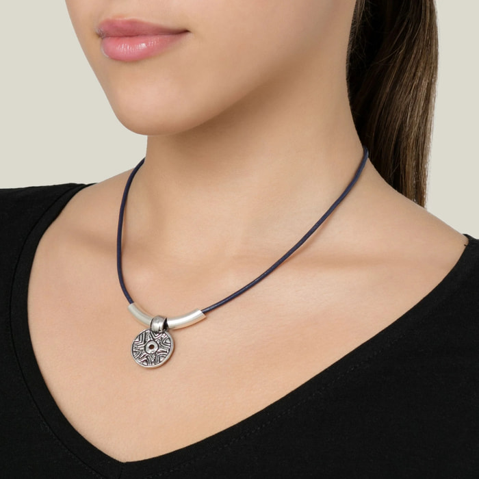 Gargantilla cuero azul plata chapado étnico 40cm