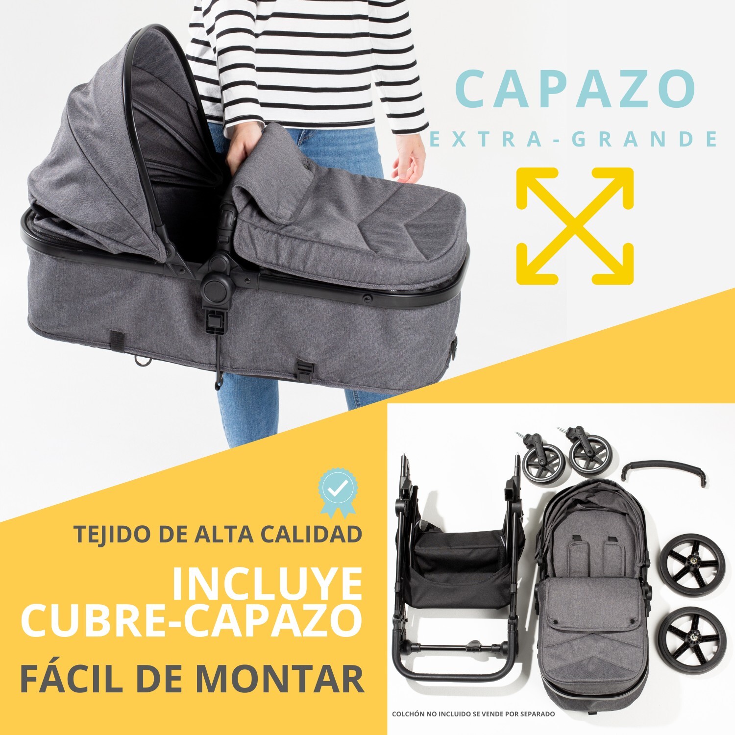 Carrito Bebé 2 en 1, Silla de Paseo | Capazo Acolchado, Modelo Versa