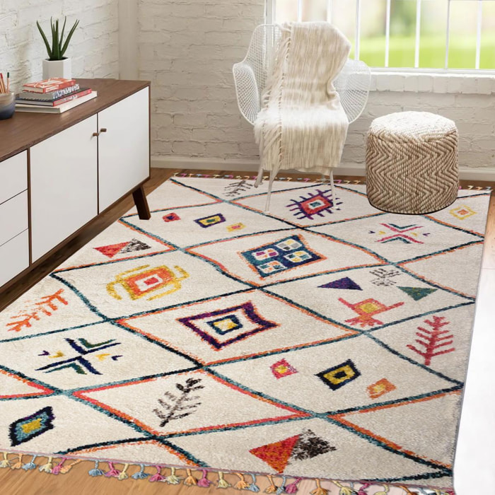 Tapis Mevo crème et multicolore motif traditionnel berbère
