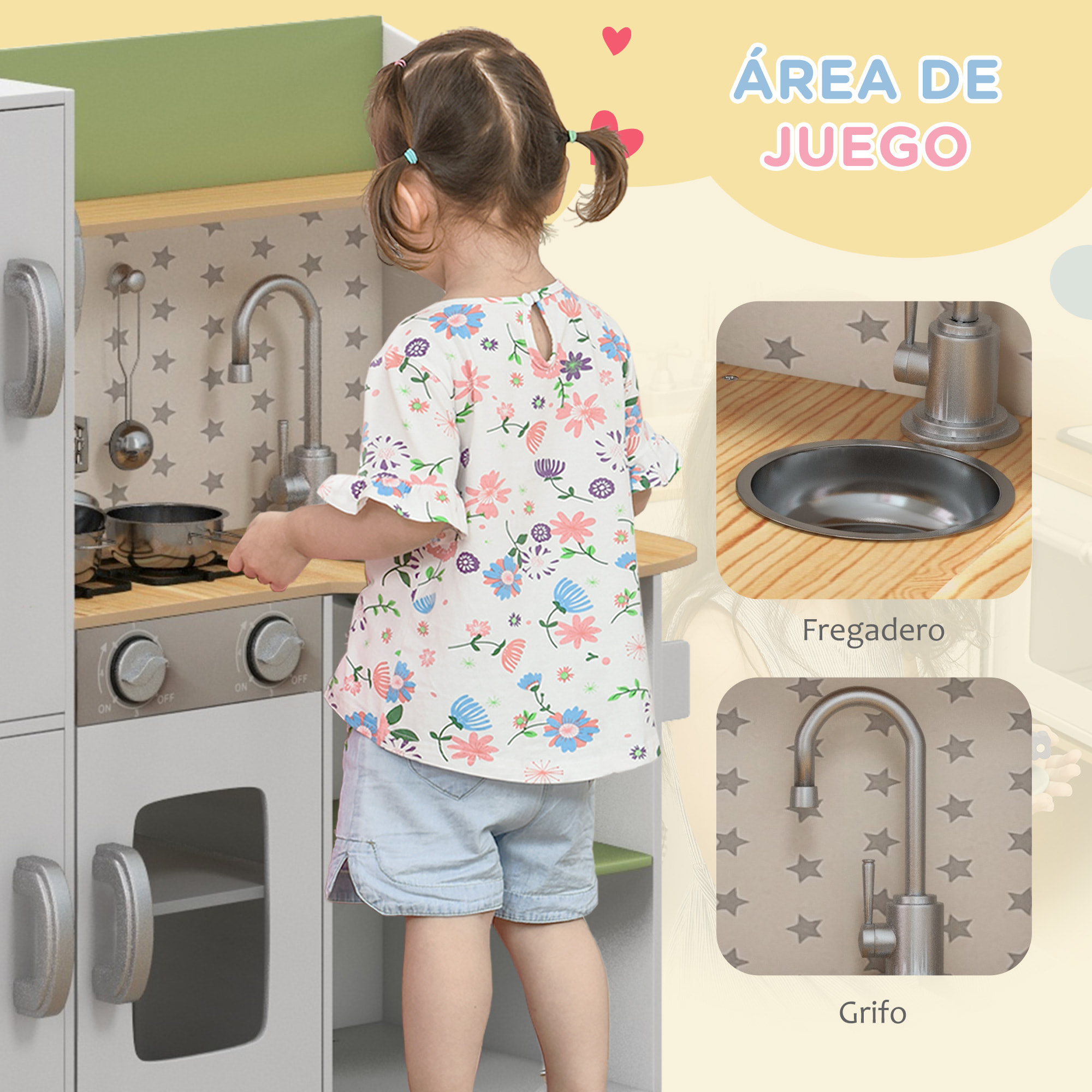 Cocina de Juguete de Madera para Niños de 3-6 Años Cocinita Infantil con Máquina de Hielo Fregadero de Acero Inoxidable Móvil Taza y Utensilios 84x34x89 cm Blanco