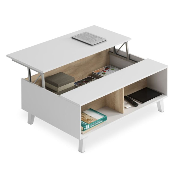 Mesa de centro elevable Niva Blanco Brillo - Roble Canadian