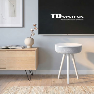Mesa auxiliar altavoz portátil con sonido de 30W, Bluetooth, base de carga inalámbrica, batería de 2200mAh. Mesilla o mesita para dormitorio o sala de estar - TD Systems SM30B11WB [Lacado blanco]