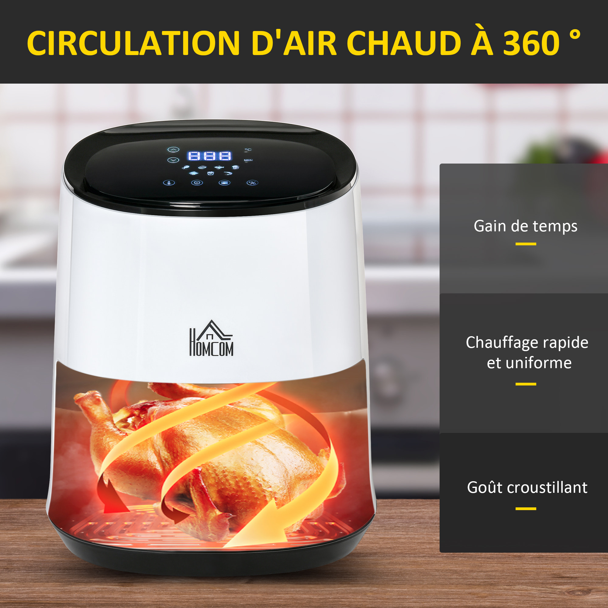 Friteuse sans huile air fryer 1300 W 2,5 L avec affichage numérique, 7 programmes, température réglable, minuterie et panier antiadhésif blanc noir