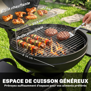 Barbecue à charbon rond mobile avec couvercle thermomètre 2 grilles 3 étagères