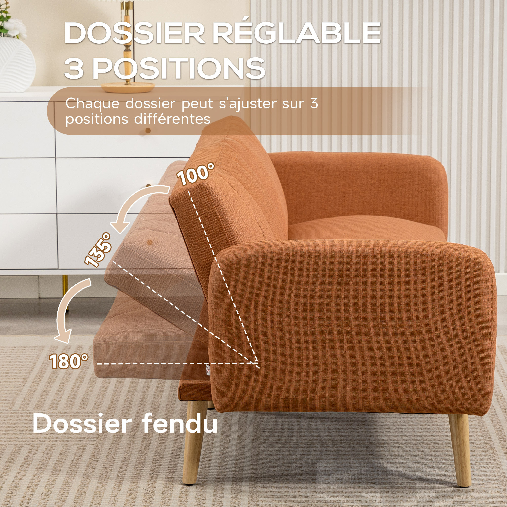 Canapé convertible 2 places design scandinave dossier inclinable 3 positions pieds bois tissu aspect lin ocre havane