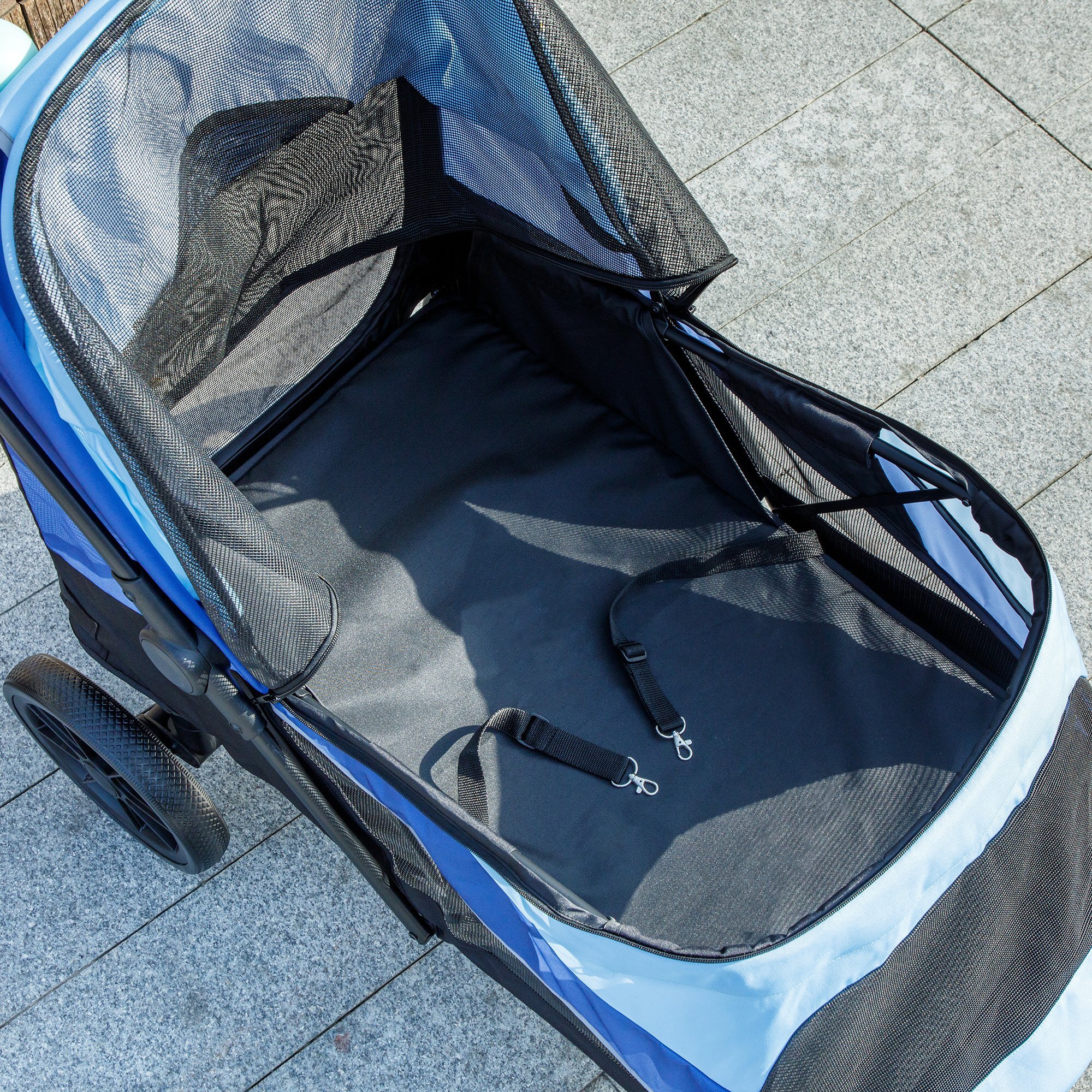 Carrito para Perros Plegable Cochecito para Perros Grandes hasta 30 kg con Ruedas Grandes Correas de Seguridad Marco Amortiguador Cojín Lavable 124x67x100 cm Azul