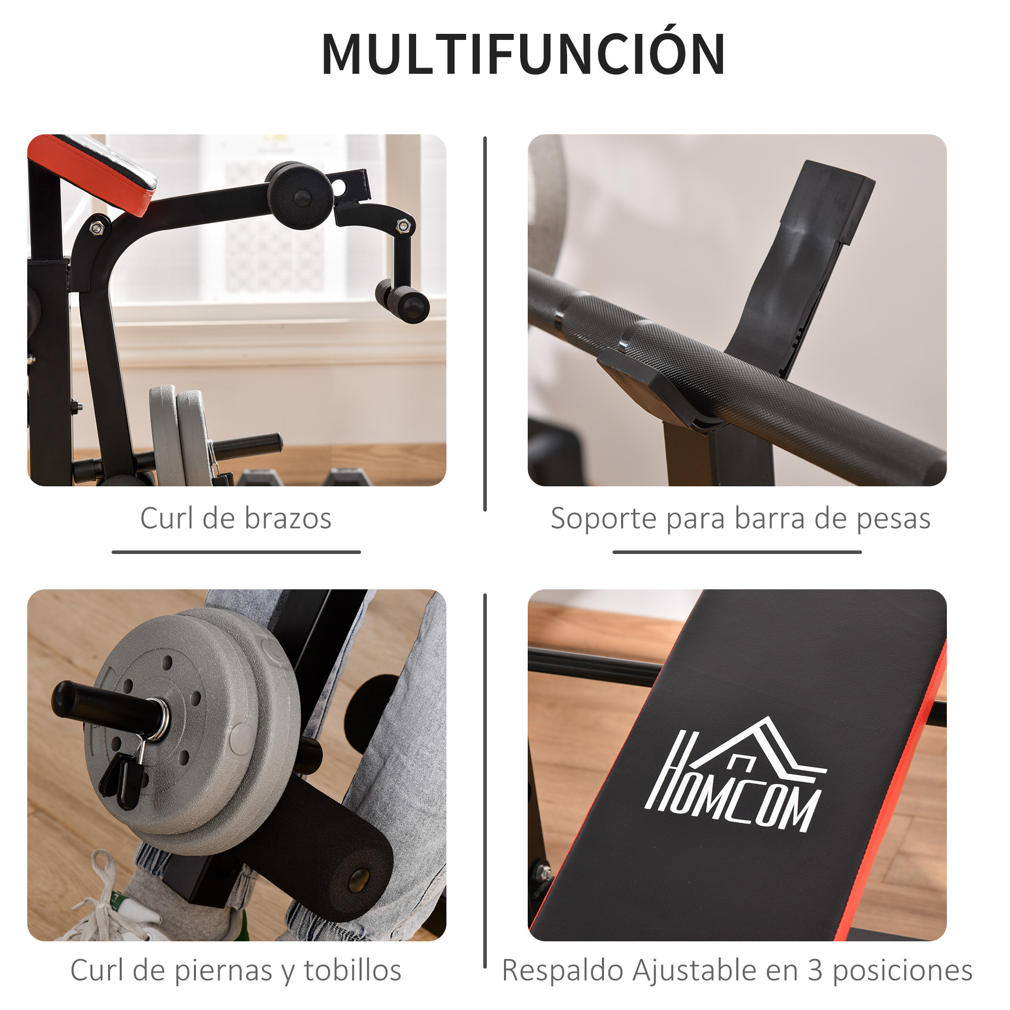 Banco de Pesas Multifuncional Banco de Musculación con Respaldo Ajustable Soporte de Barras Extensión de Piernas Almohadilla de Predicador Mariposa Entrenamiento en Gimnasio Oficina Negro