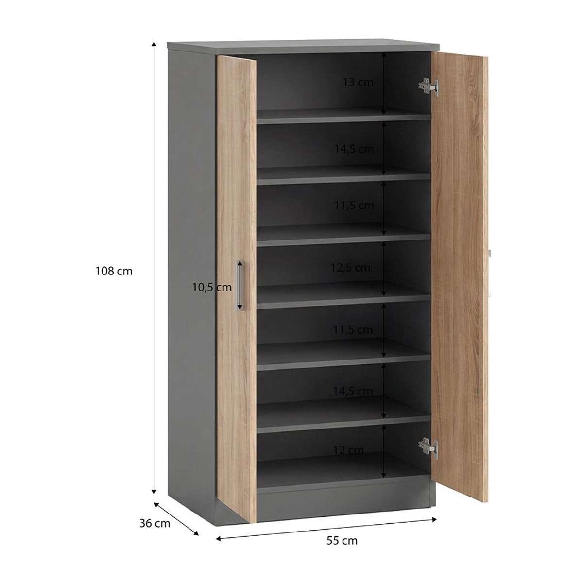 Zapatero de 2 puertas en gris grafito y roble canadian 55x108 cm Liam Gris Grafito - Roble Canadian