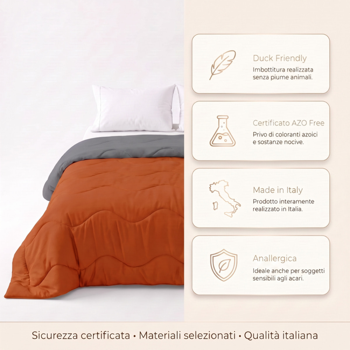 Trapunta invernale bicolor Made in Italy in microfibra di poliestere - Ruggine/Grigio
