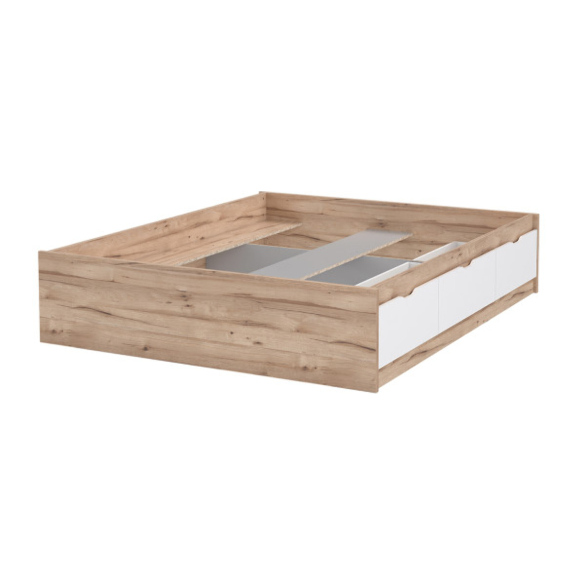 Lit double 160x200cm avec tiroirs effet bois chêne naturel et blanc mat - WANDA