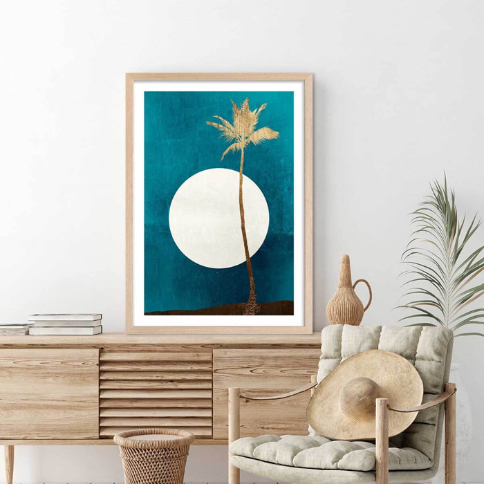 Poster cocotier sur fond bleu Affiche + cadre en bois - Chêne
