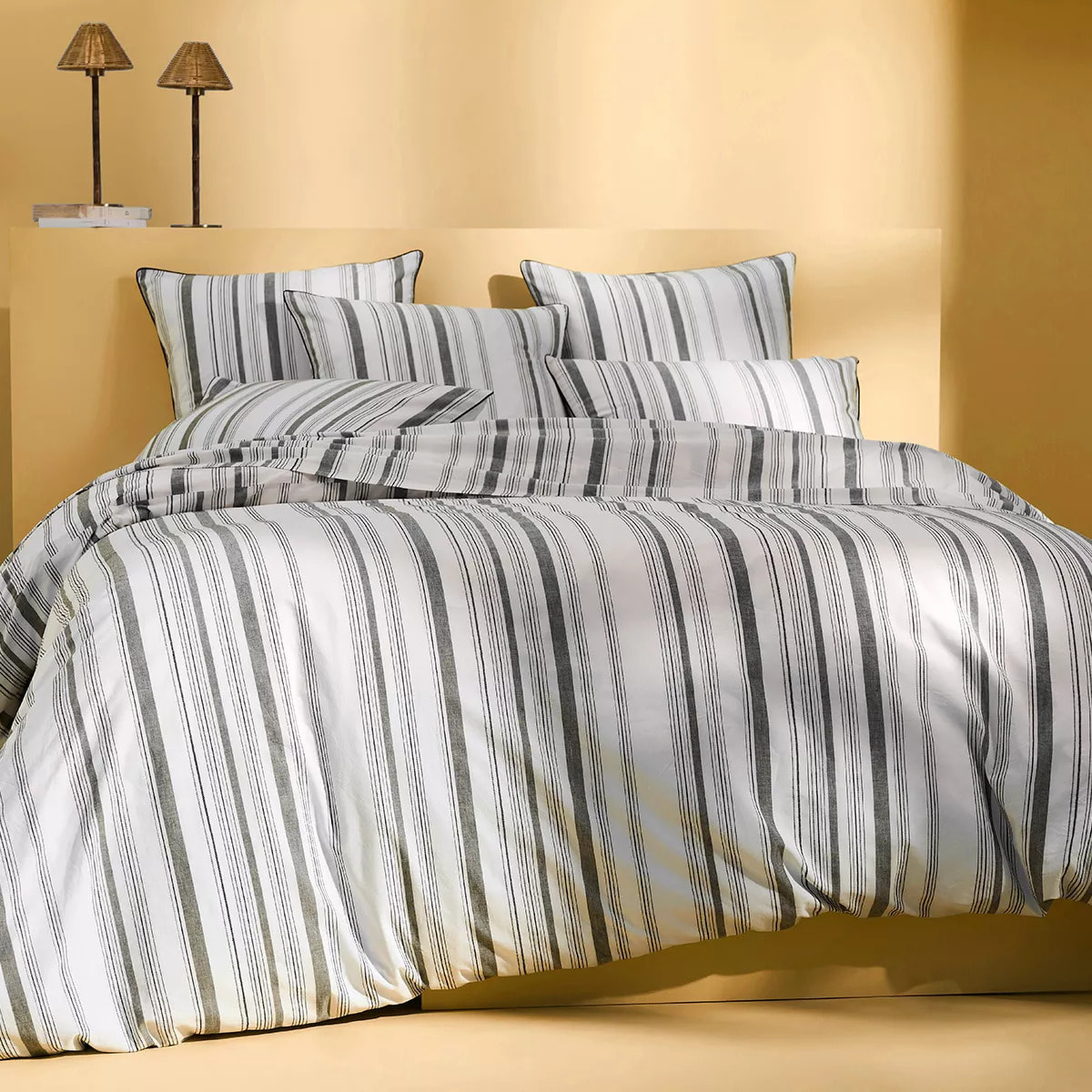Lot h.couette +taies pur coton lavé tissé teint rayé anthracite noir Portland granit
