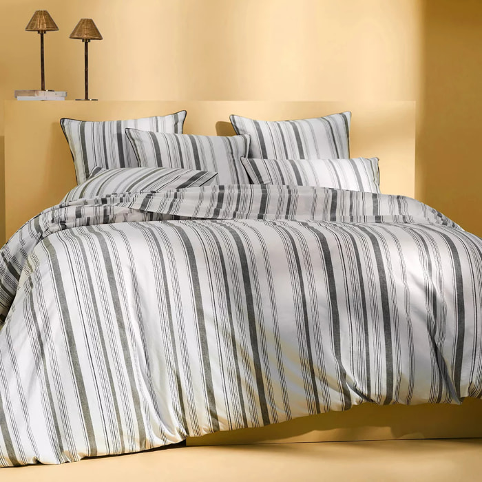 Lot h.couette +taies pur coton lavé tissé teint rayé anthracite noir Portland granit