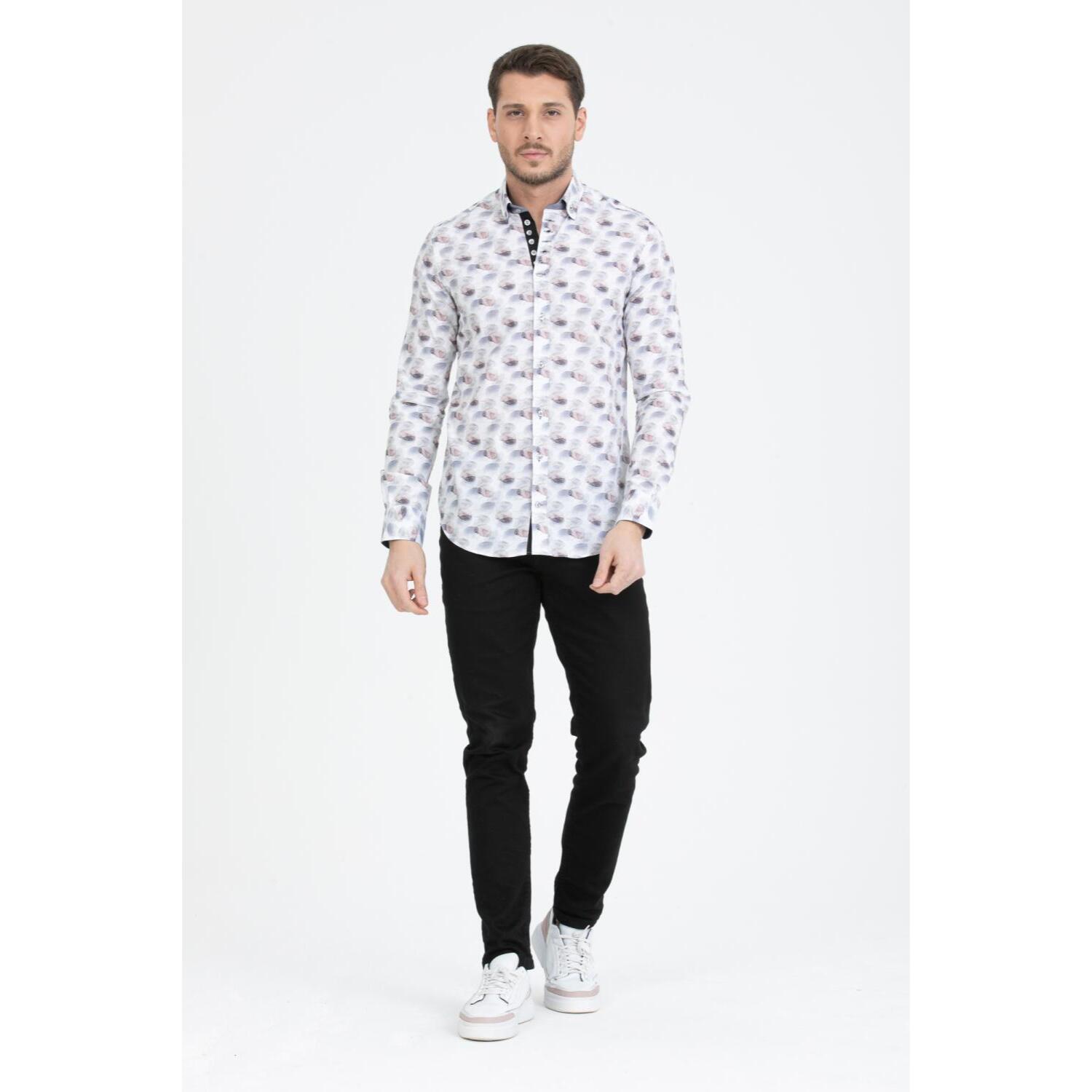 Camicia Uomo 1 Bottoni Button Down Slim Popeline Stampato Bianco/Grigio Chiaro
