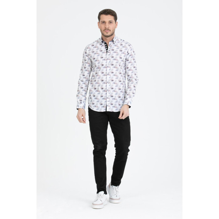 Camicia Uomo 1 Bottoni Button Down Slim Popeline Stampato Bianco/Grigio Chiaro