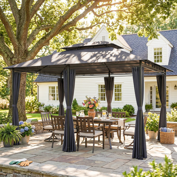 Cenador para Jardín 3x4 m, Pabellón de Jardín, Gazebo con Doble Techo, 6 Paredes Laterales, Estructura Metálica, Drenaje, Carpa para Exterior, Terraza, Patio, Gris