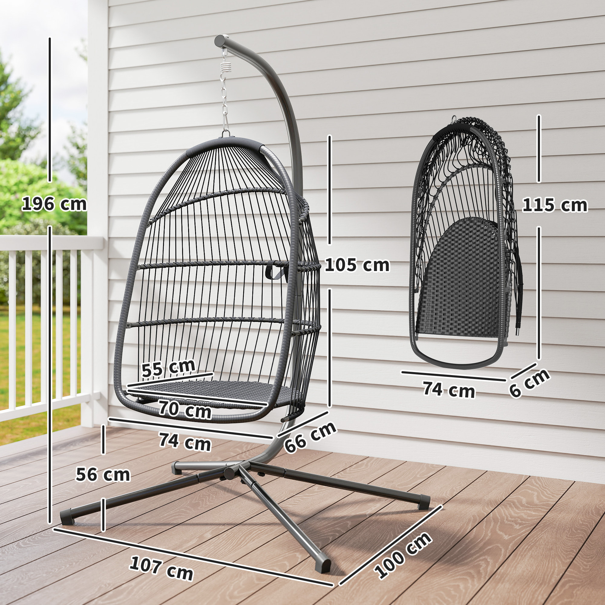 Silla Colgante Huevo con Soporte, Columpio Jardín Exterior con Cesta Plegable, Cojín Anti-UV y Reposacabezas Desmontable para Interior y Exterior, Carga 150 kg, Gris Oscuro