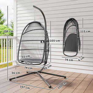 Silla Colgante Huevo con Soporte, Columpio Jardín Exterior con Cesta Plegable, Cojín Anti-UV y Reposacabezas Desmontable para Interior y Exterior, Carga 150 kg, Gris Oscuro