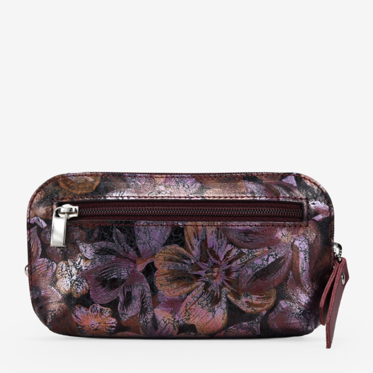 Monedero burdeos en piel con estampado floral