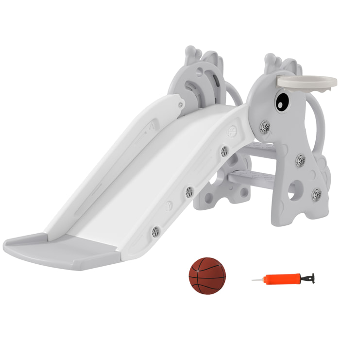 Toboggan enfant design girafon - panier de basket-ball intégré - ballon, pompe inclus - plastique gris blanc